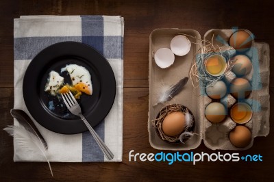 Eating Fried Eggs Flat Lay Still Life Rustic With Food Stylish Stock Photo