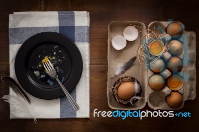 Eating Fried Eggs Flat Lay Still Life Rustic With Food Stylish Stock Photo