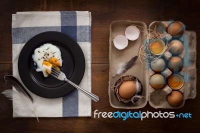 Eating Fried Eggs Flat Lay Still Life Rustic With Food Stylish Stock Photo