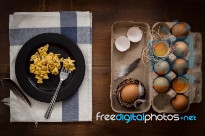 Eating Scrambled Eggs Flat Lay Still Life Stock Photo