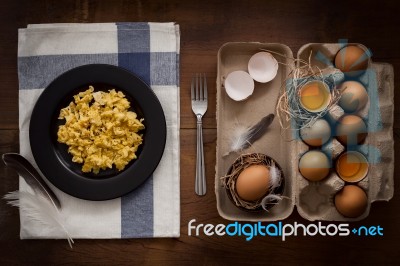 Eating Scrambled Eggs Flat Lay Still Life Rustic With Food Stylish Stock Photo