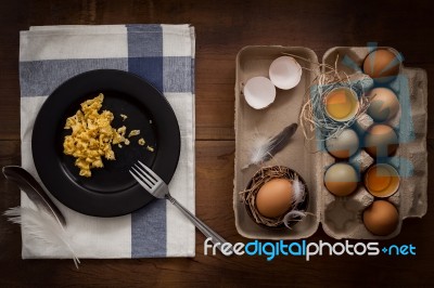 Eating Scrambled Eggs Flat Lay Still Life Rustic With Food Stylish Stock Photo