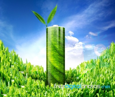 Eco Green Energy Battery And Two Green Leafs Stock Photo