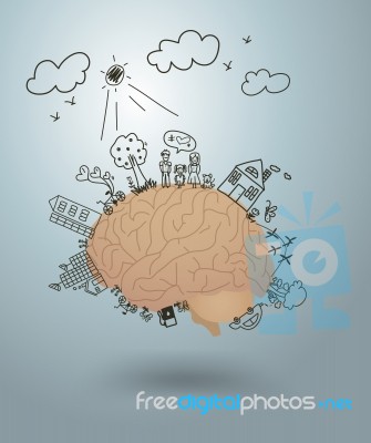 Ecology Concept Creative Drawing On Brain Stock Image