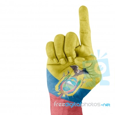 Ecuador Flag On Pointing Up Hand Stock Photo