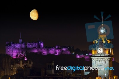 Edinburgh Night Cityscape With The Moon Stock Photo