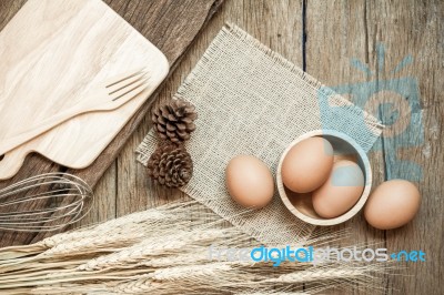 Egg, Chicken Egg In Wood Bowl, Top View Stock Photo