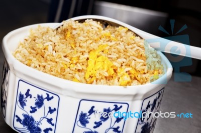 Egg Fried Rice In Porcelain Bowl Stock Photo