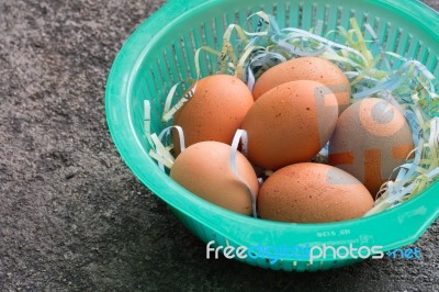 Egg In The Plastic Basket Stock Photo