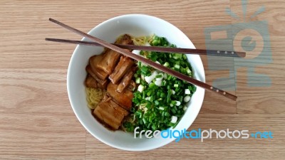 Egg Noodle With Steam Pork Belly Stock Photo