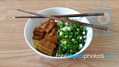 Egg Noodle With Steam Pork Belly Stock Photo