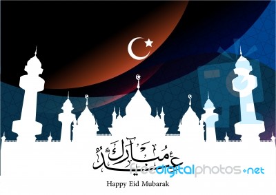 Eid Mubarak With Mosque And Crescent Stock Image