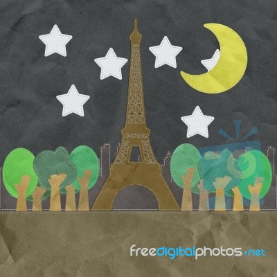 Eiffel Tower, Paris. France In Stitch Style On Paper Texture Bac… Stock Image