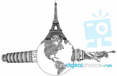 Eiffel Tower, Pisa Tower And Statue Of Liberty On Globe Stock Image