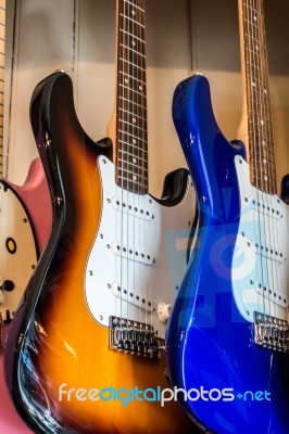 Electric Guitars On Display In A Music Shop Stock Photo