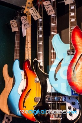 Electric Guitars On Display In A Music Shop Stock Photo