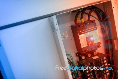 Electric Outdoor Fuse Box In Soft Light Stock Photo