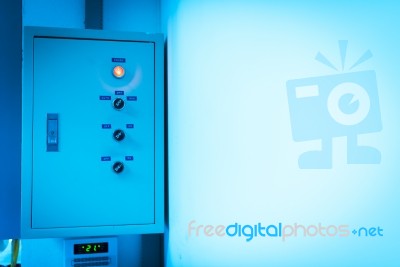 Electric Outdoor Fuse Box In Soft Light Stock Photo