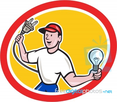 Electrician Holding Electric Plug And Bulb Cartoon Stock Image