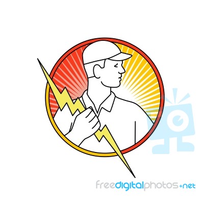 Electrician Holding Lightning Bolt Circle Monoline Stock Image