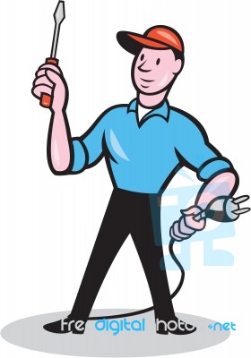 Electrician Holding Screwdriver Plug Cartoon Stock Image