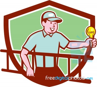 Electrician Ladder Light Bulb Shield Cartoon Stock Image