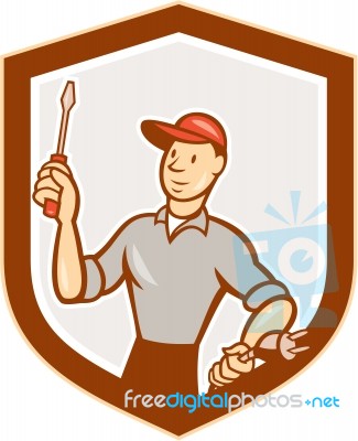 Electrician Screwdriver Plug Shield Cartoon Stock Image