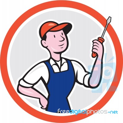 Electrician Standing Screwdriver Circle Cartoon Stock Image