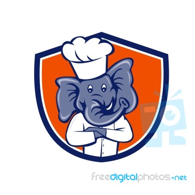 Elephant Chef Arms Crossed Crest Cartoon Stock Image