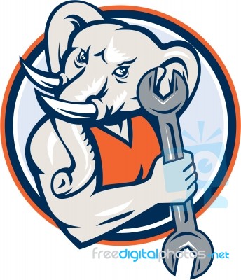 Elephant Mechanic Spanner Mascot Circle Retro Stock Image