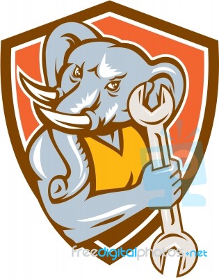 Elephant Mechanic Spanner Mascot Shield Retro Stock Image