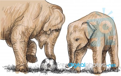 Elephant Playing Football, Sketch Free Hand Draw Illustration Stock Image