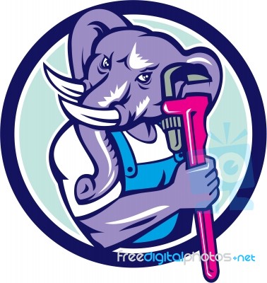 Elephant Plumber Mascot Monkey Wrench Circle Retro Stock Image