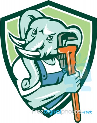 Elephant Plumber Mascot Monkey Wrench Shield Retro Stock Image