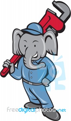 Elephant Plumber Monkey Wrench Cartoon Stock Image