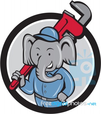 Elephant Plumber Monkey Wrench Circle Cartoon Stock Image