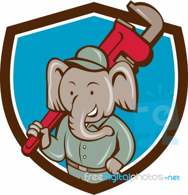 Elephant Plumber Monkey Wrench Crest Cartoon Stock Image