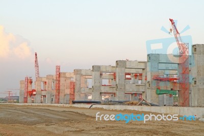 Elevated Rail Track On Large Columns At Construction Site Stock Photo