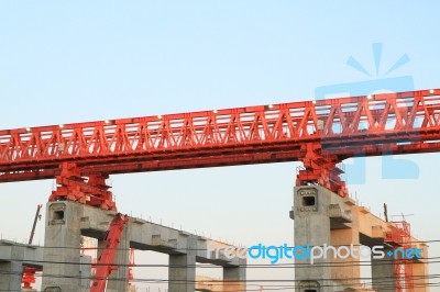 Elevated Rail Track On Large Columns At Construction Site Stock Photo