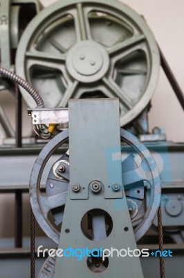 Elevator Shaft Maintenance. Cable Control Stock Photo