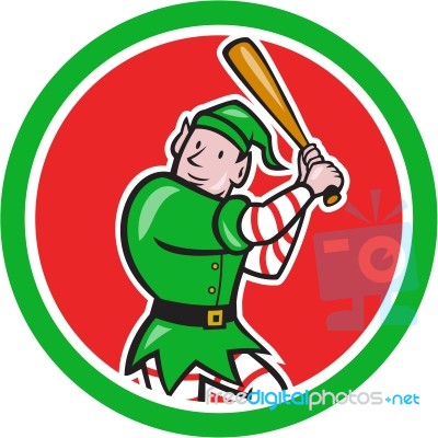 Elf Baseball Player Bat Circle Cartoon Stock Image