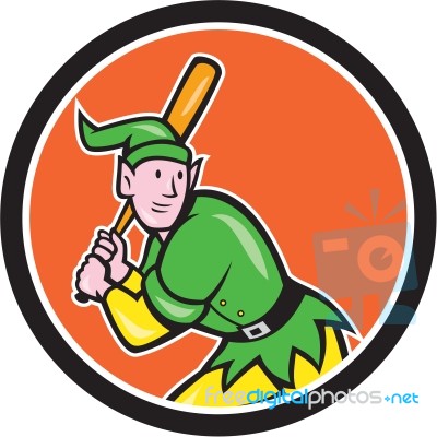 Elf Baseball Player Batting Circle Cartoon Stock Image