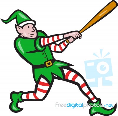 Elf Baseball Player Batting Isolated Cartoon Stock Image