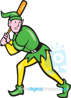 Elf Baseball Player Batting Isolated Cartoon Stock Image