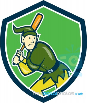 Elf Baseball Player Batting Shield Cartoon Stock Image