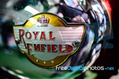 Emblem On A Royal Enfield Motorcycle In The Motor Museum At Bour… Stock Photo