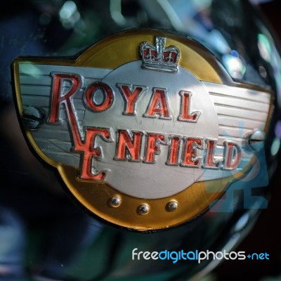 Emblem On A Royal Enfield Motorcycle In The Motor Museum At Bour… Stock Photo