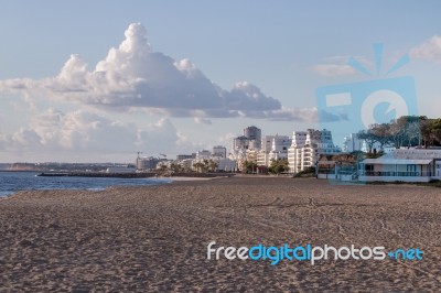 Empty Beach In Quarteira Stock Photo