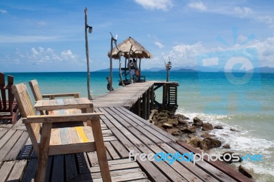 Empty Bench And The Wooden Bridge Stock Photo