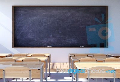 Empty Classroom Interior With Student Desk And Chairs Stock Image